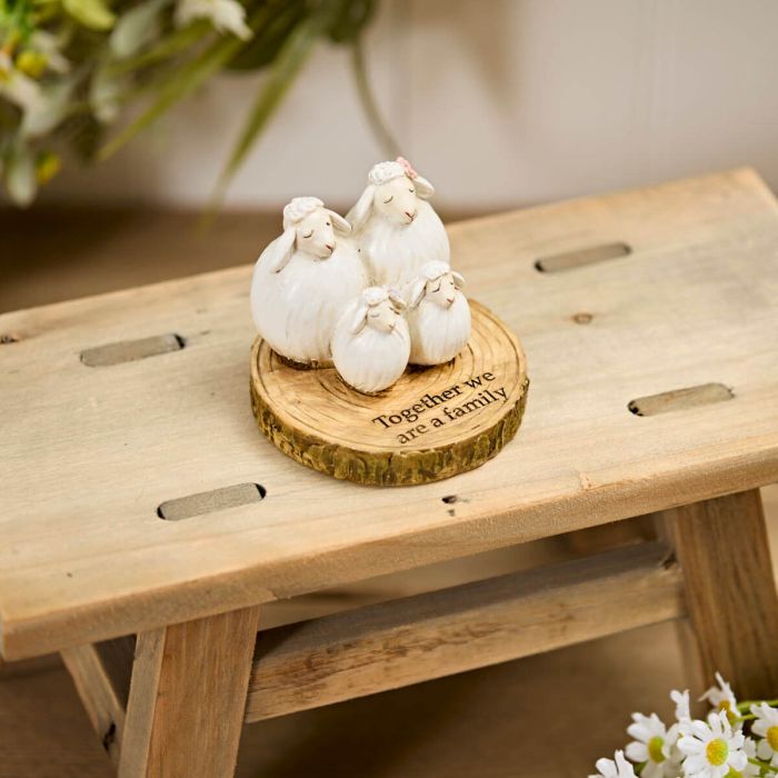 Resin Sheep Family On Bark Slice Ornament