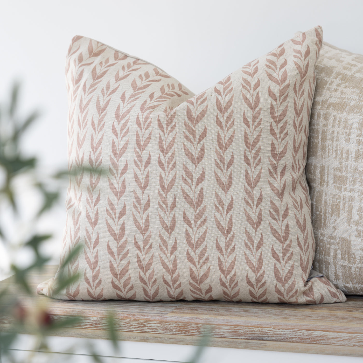 Anohki Blush Pink Leaf Print Cushion