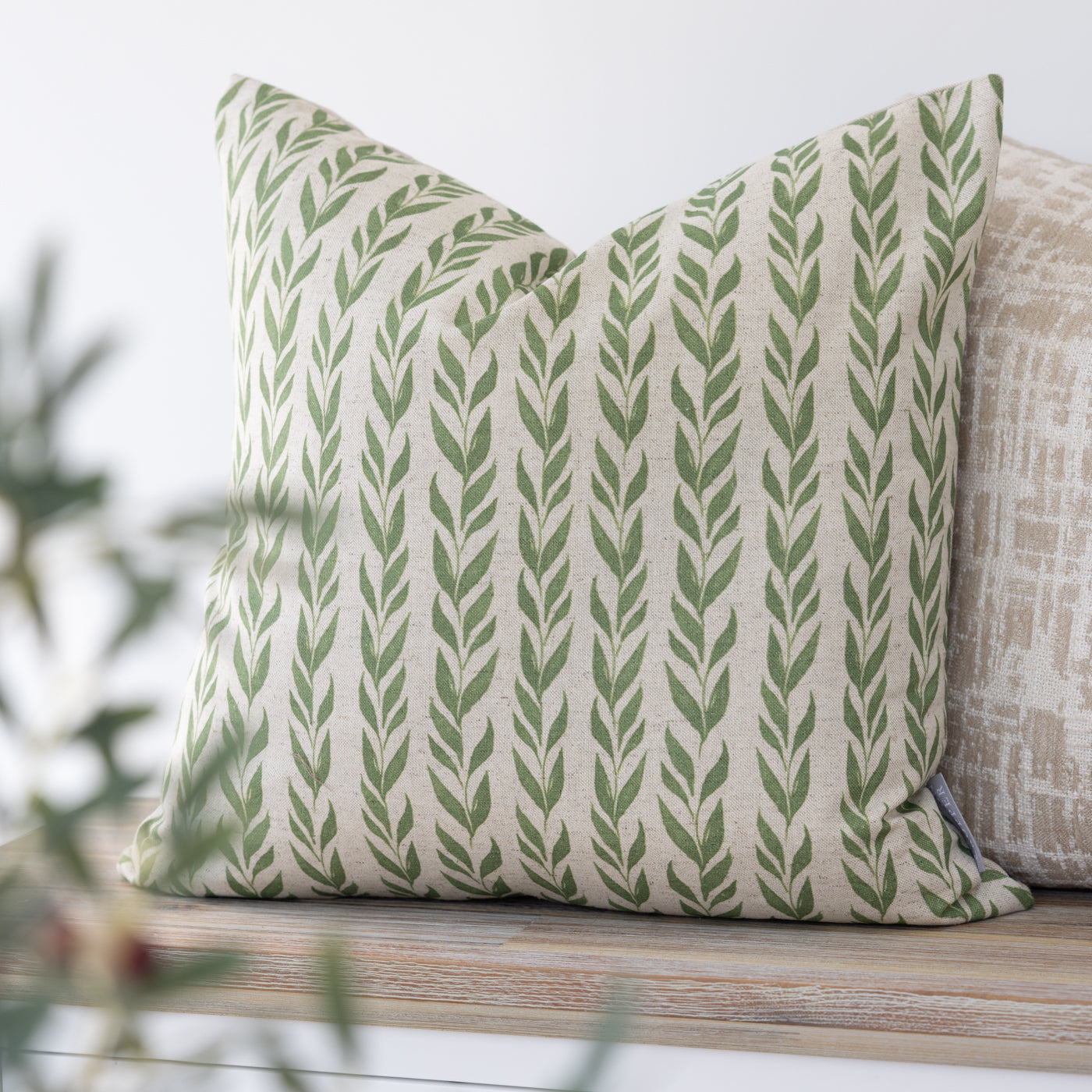 Anohki Sage Green Leaf Print Cushion