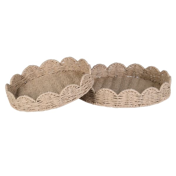 Set of Two Natural Scalloped Woven Trays