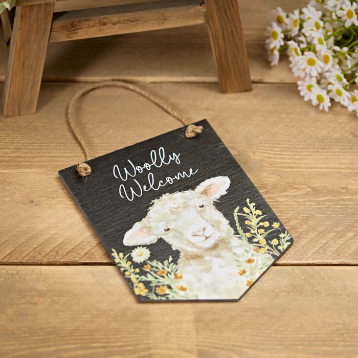 Sheep Floral 'Woolly Welcome' Slate Pennant Hanger