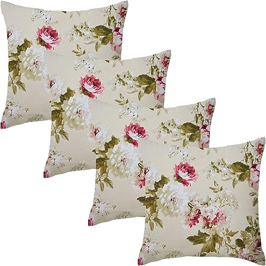 Set of 4 Cream Rose Floral Garden Square Water Resistant Cushions
