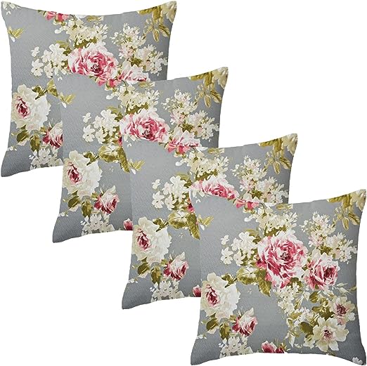 Set of 4 Grey Rose Floral Garden Square Water Resistant Cushions
