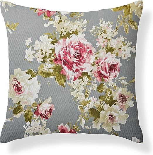 Set of 2 Grey Rose Floral Garden Square Water Resistant Cushions