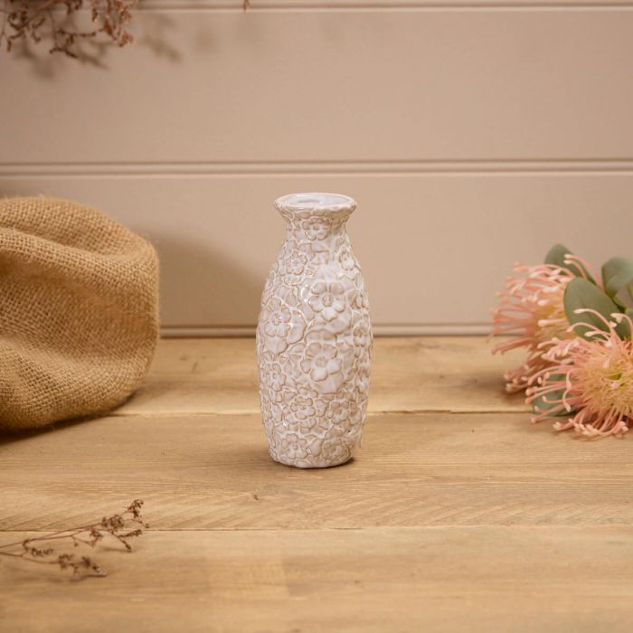 White Embossed Flower Medium Ceramic Vase
