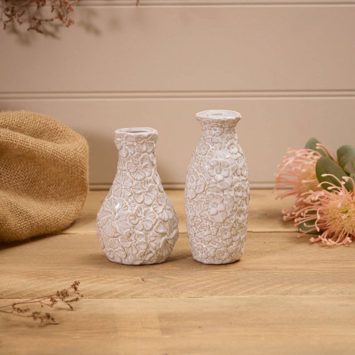 White Embossed Flower Medium Ceramic Vase