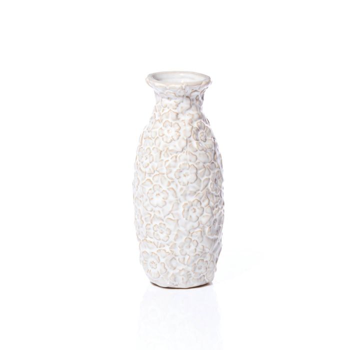 White Embossed Flower Medium Ceramic Vase