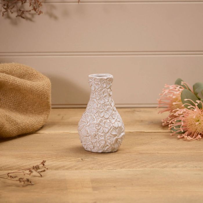 White Embossed Flower Small Ceramic Vase