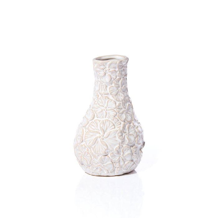 White Embossed Flower Small Ceramic Vase