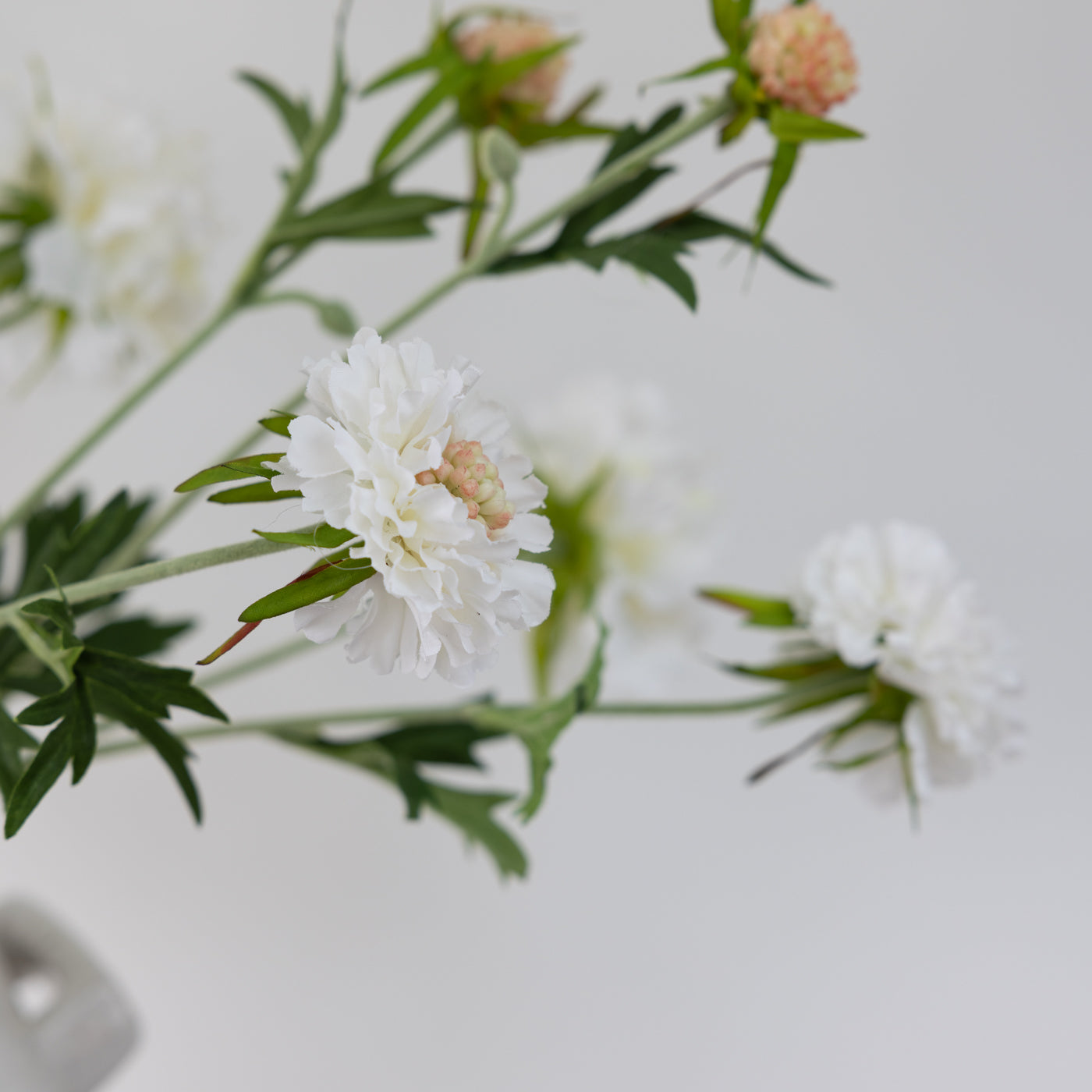 Faux White Scabiosa Spray with Leaves