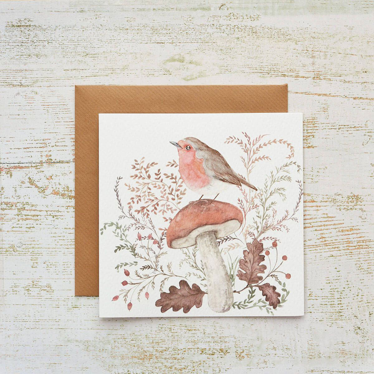 Woodland Rustic Robin on a Mushroom Greeting Card
