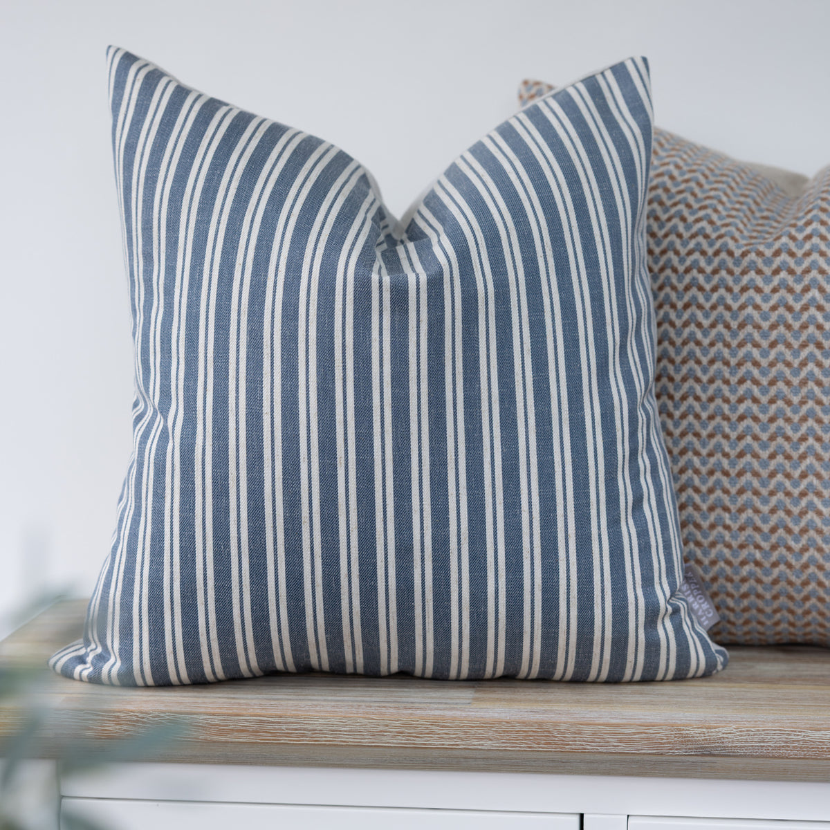 Alderton Indigo Blue Stripe Cushion with narrow cream vertical stripes