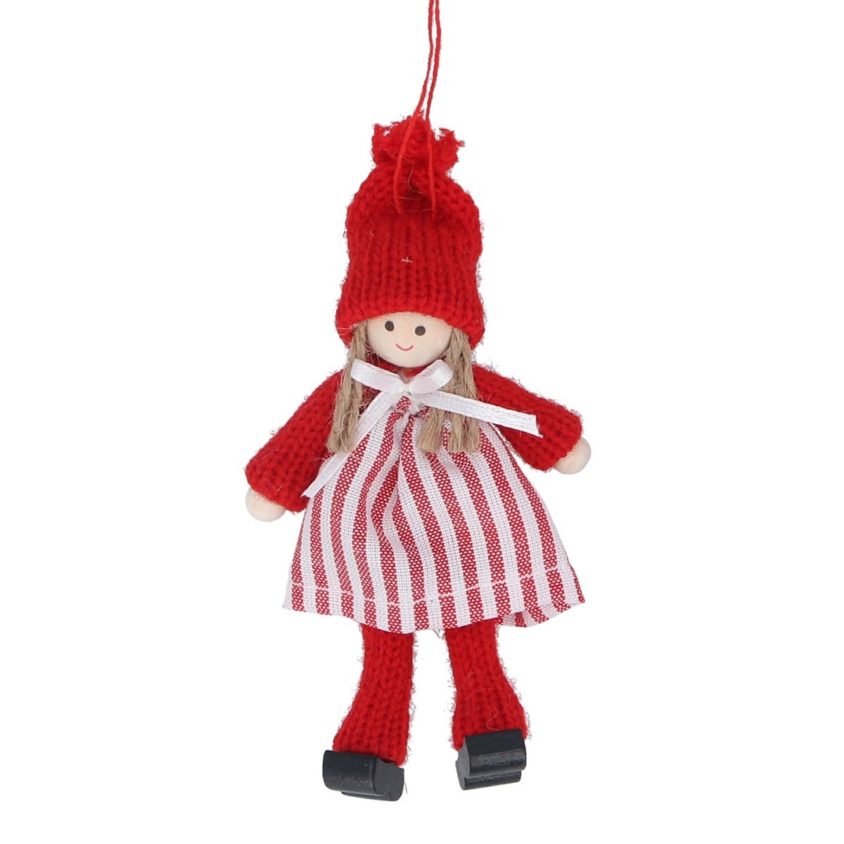 Red Stripe & Gingham Fabric Wooden Girl Decoration