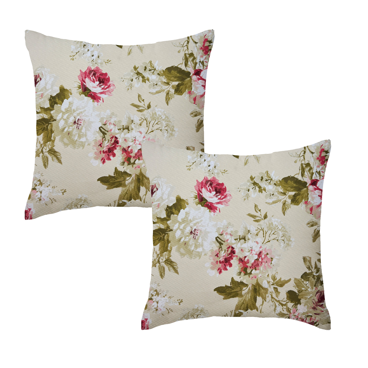 Set of 2 Cream Rose Floral Garden Square Water Resistant Cushions