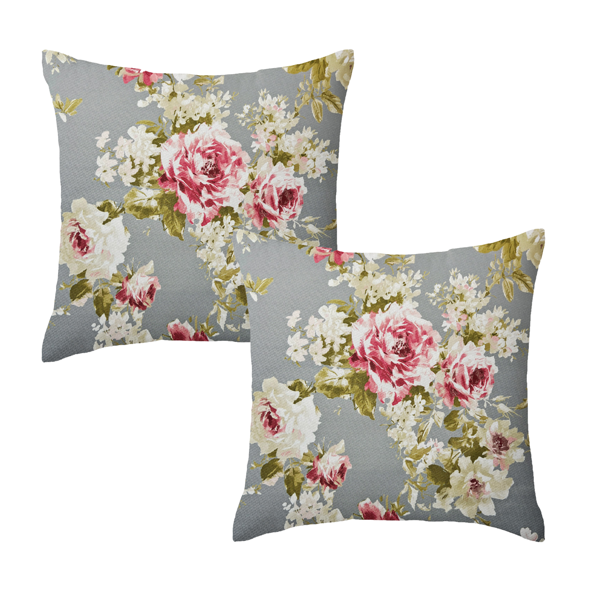 Set of 2 Grey Rose Floral Garden Square Water Resistant Cushions