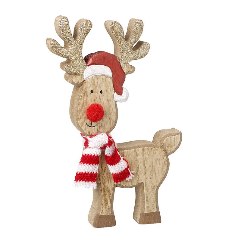 Wooden Rudolph In Red & White Scarf
