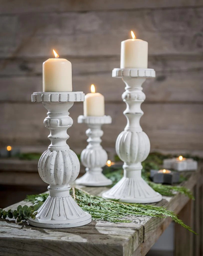 Small Fancy White Wood Candlestick