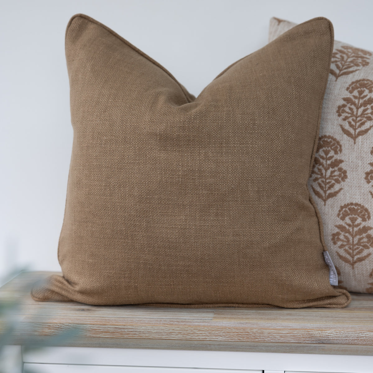 Oakmere Hazelnut Brown Textured Cushion with piped edges