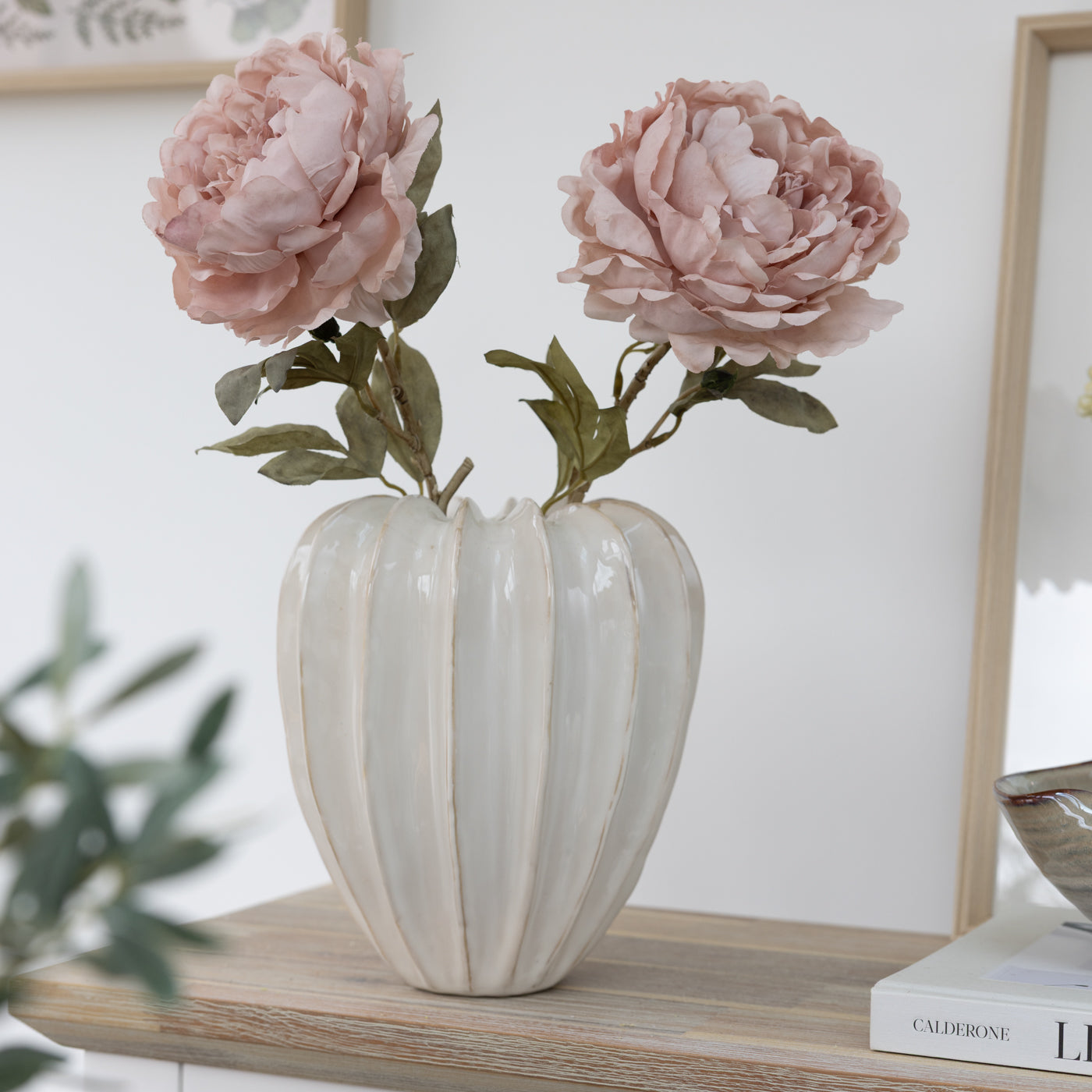 Dusky Pink Peony Spray with Leaves