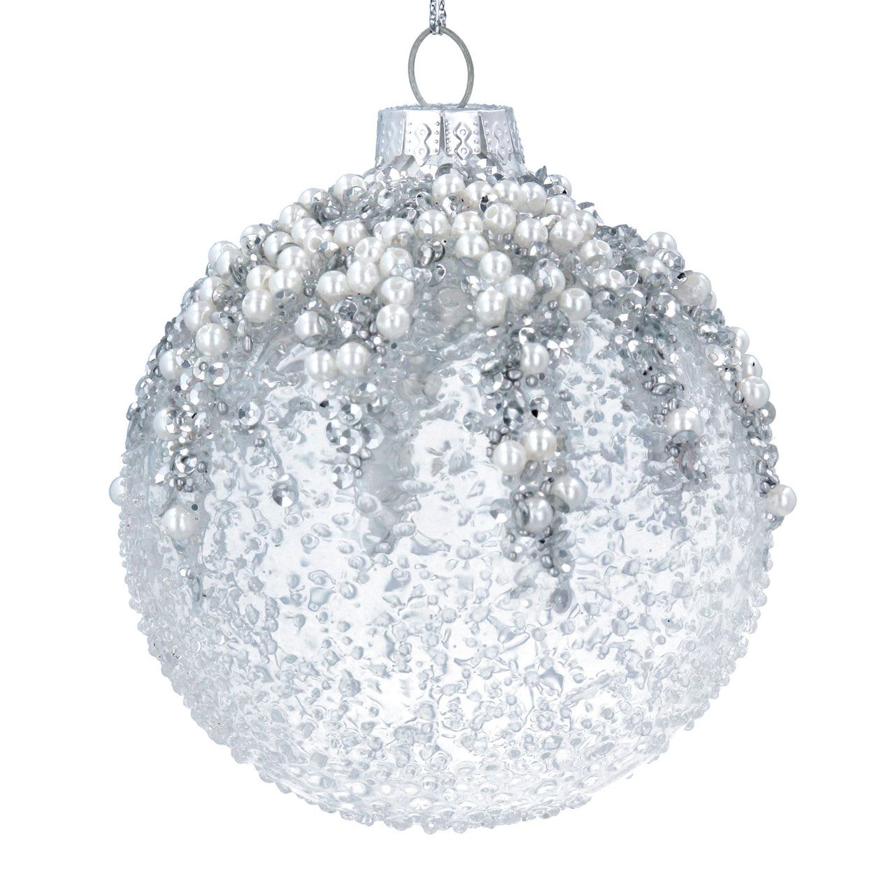 Crushed Clear Glass Ball with Silver Glitter & Pearls Tree Decoration