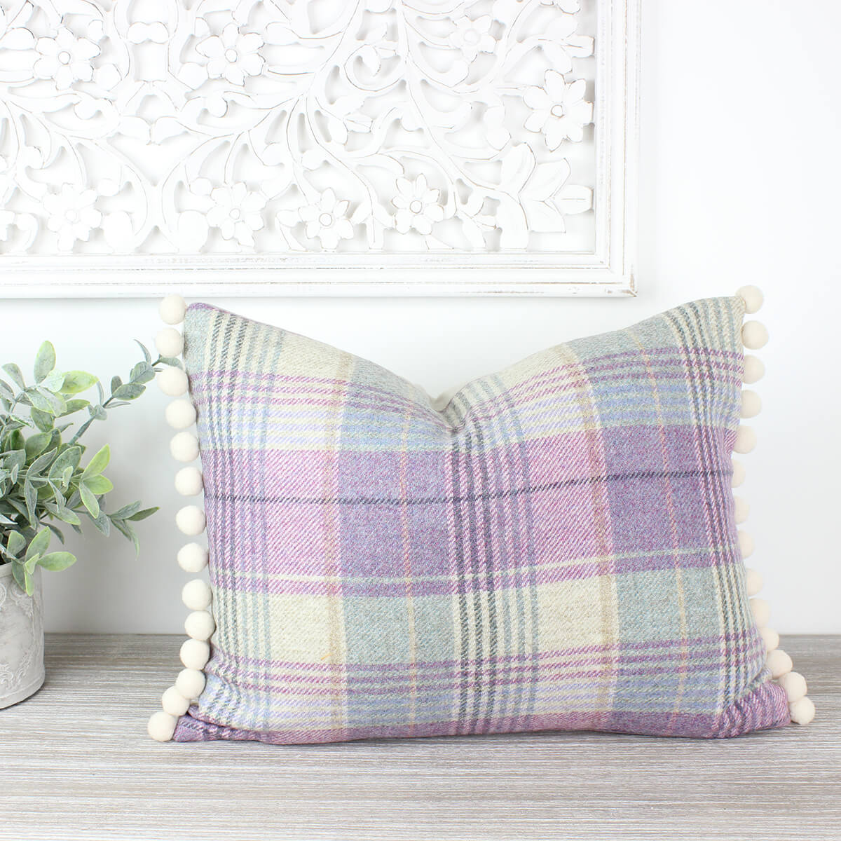 Kincraig Lilac Tweed Wool Pom Pom Cushion