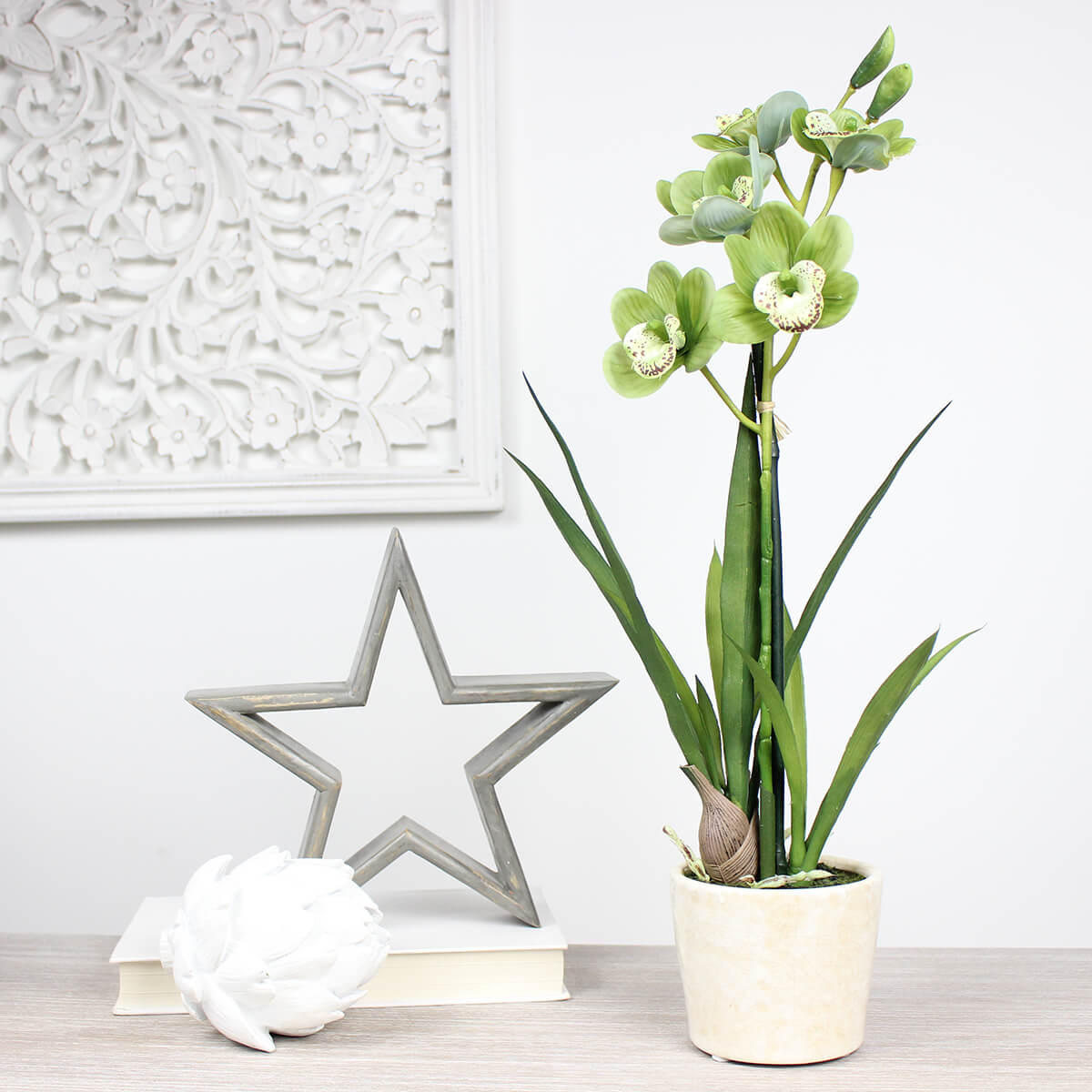 Faux Green Potted Orchid Cymbidium