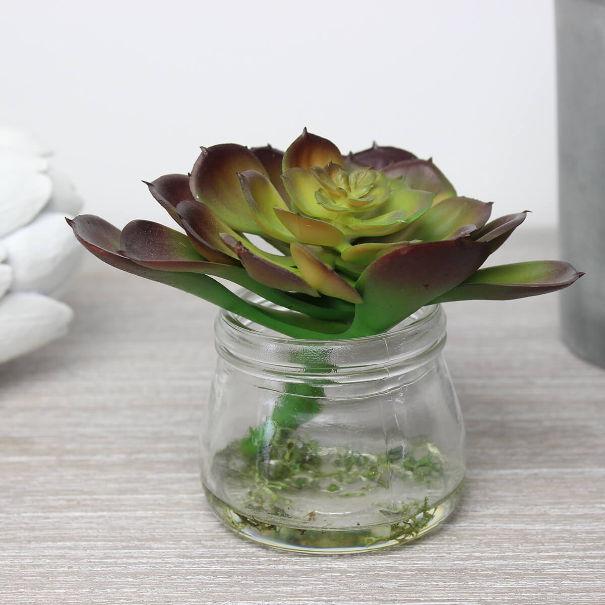 Faux Deep Aubergine and Green Echeveria in Glass Jar