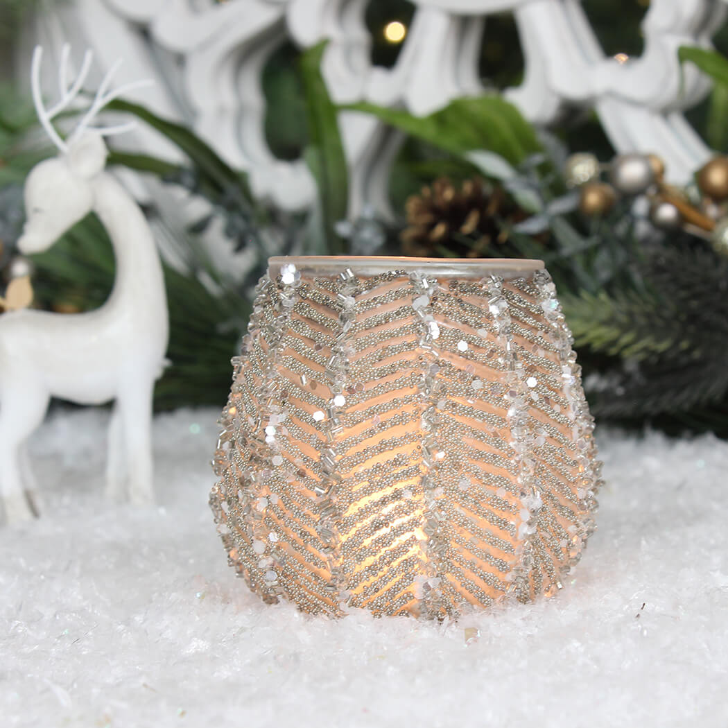 Silver Beaded Glitter Candle Holder