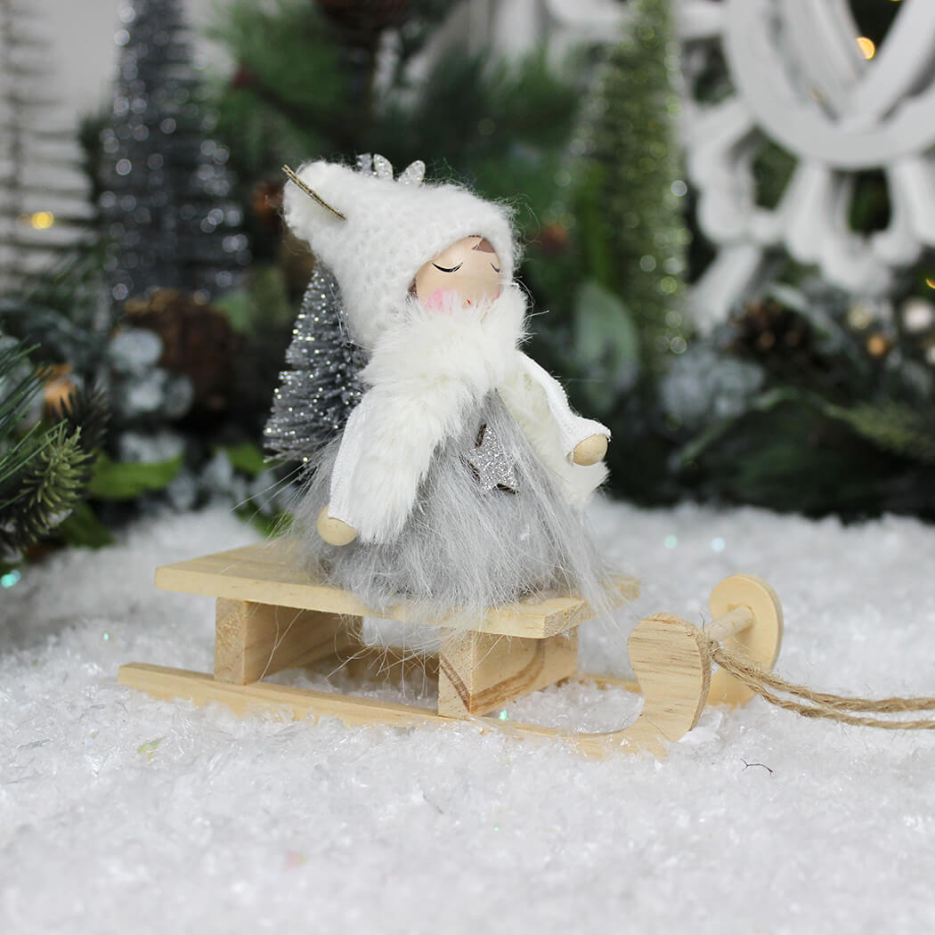 Wooden Girl On Sledge Ornament