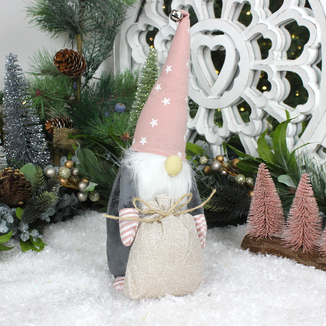 Fabric Santa with Sack In Stripy and Pink Hat Ornament