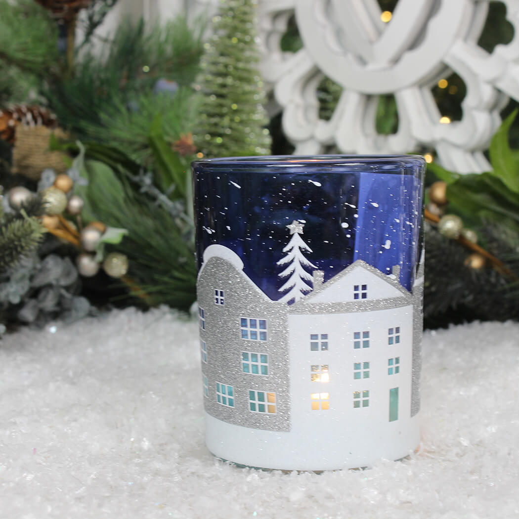 Christmas Blue & White Glass Street TeaLight Holder - Large