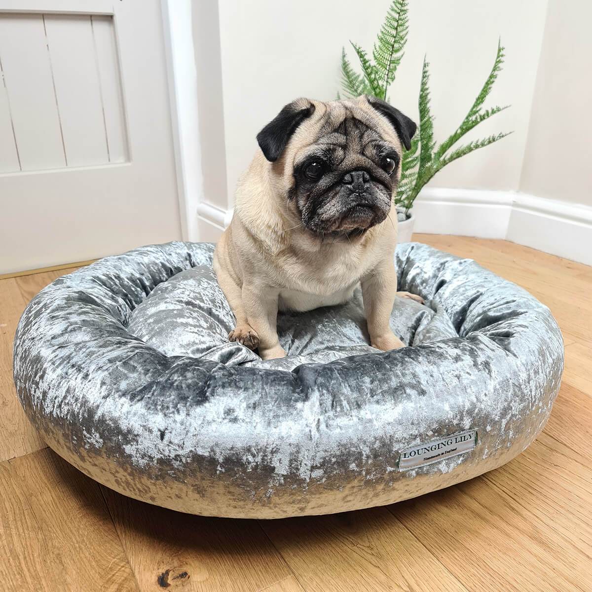 Pewter Grey Crushed Velvet Donut Dog Bed
