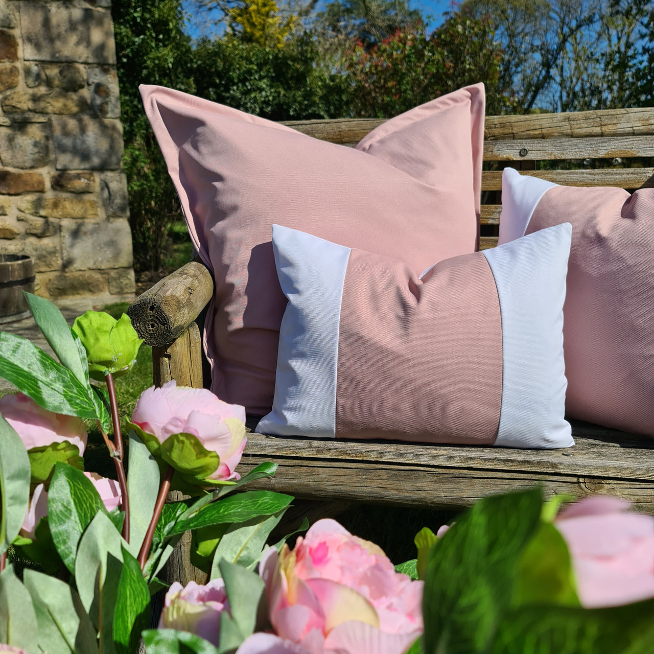 Pink & White Wide Stripe Oblong Water Resistant Cushion