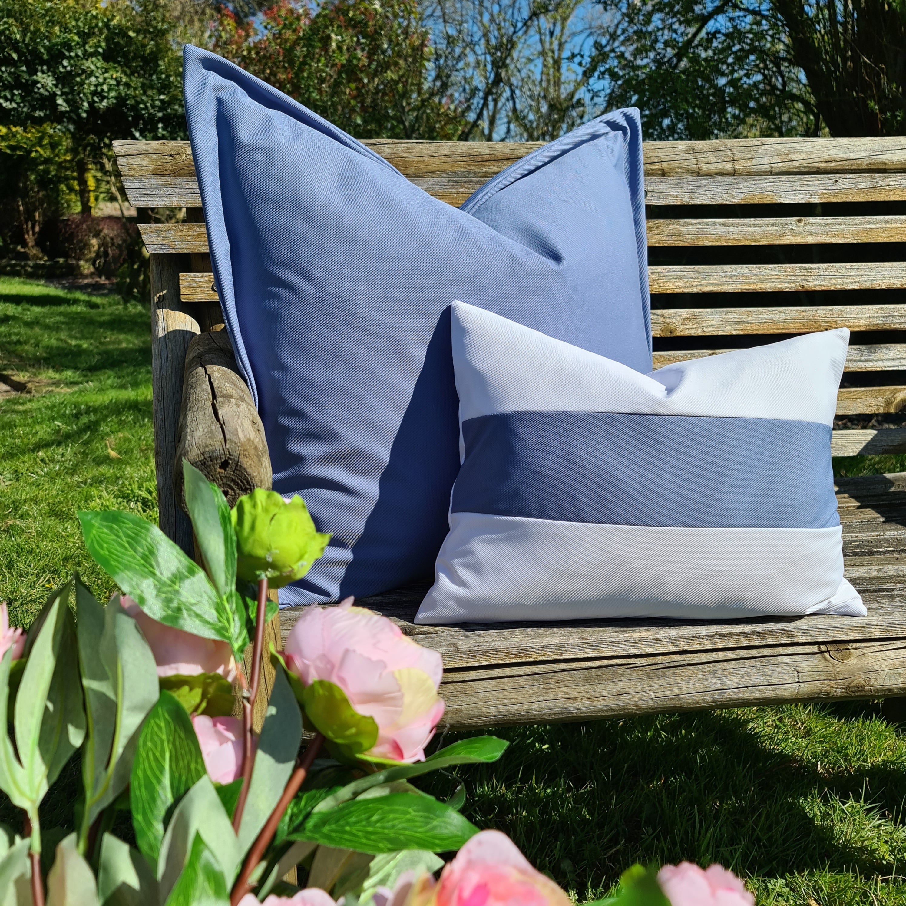 Blue & White Horizontal Stripe Oblong Water Resistant Cushion
