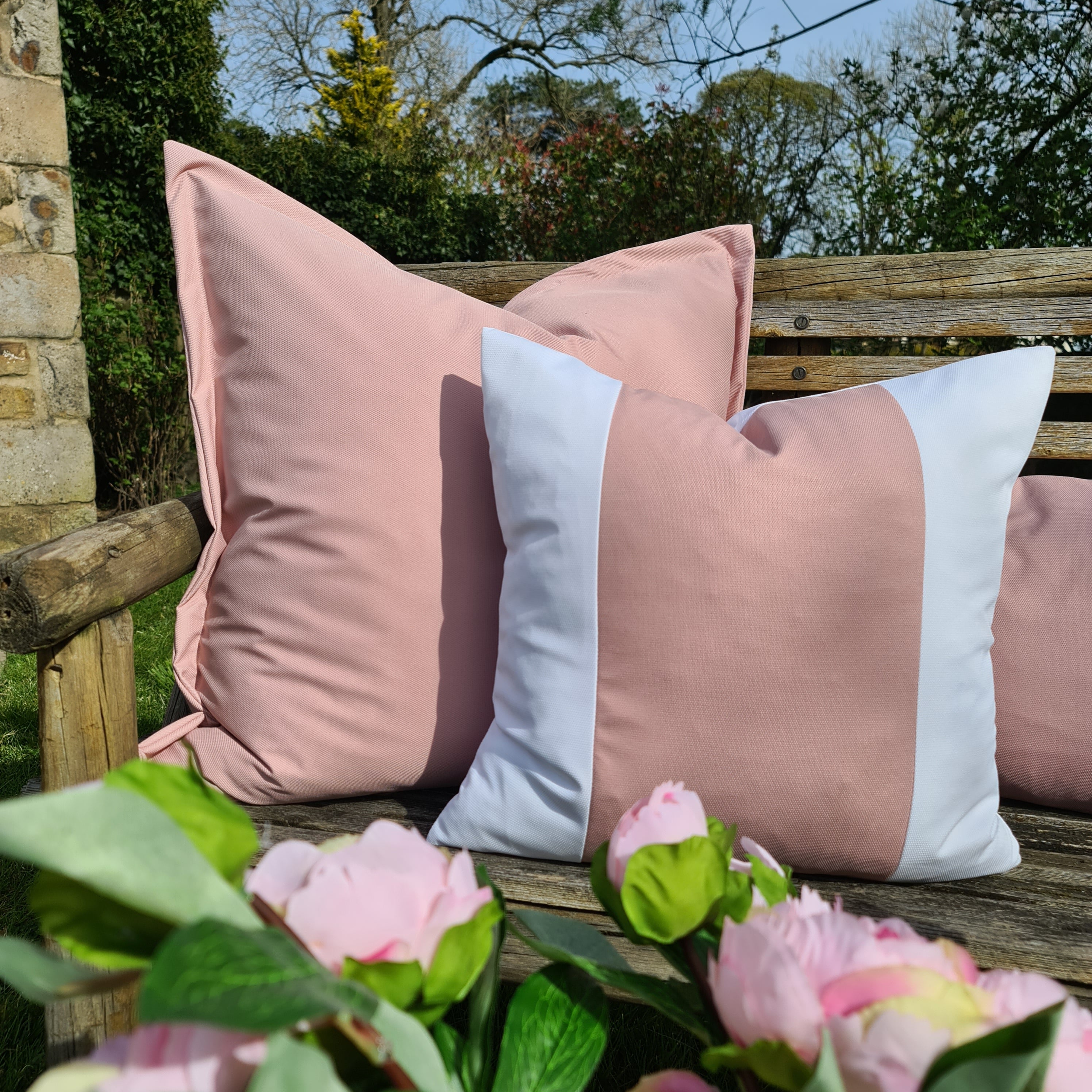 Pink & White Wide Stripe Square Water Resistant Cushion