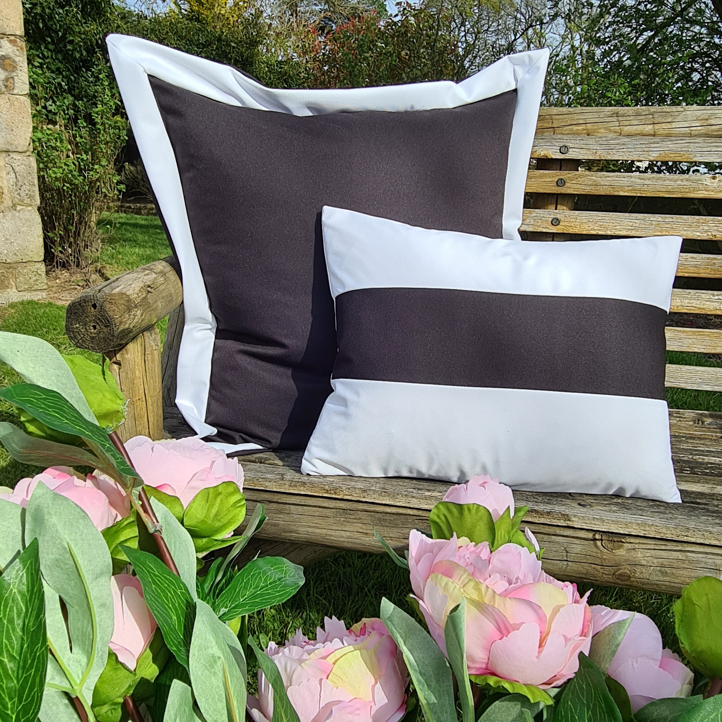 Black & White Horizontal Stripe Oblong Water Resistant Cushion