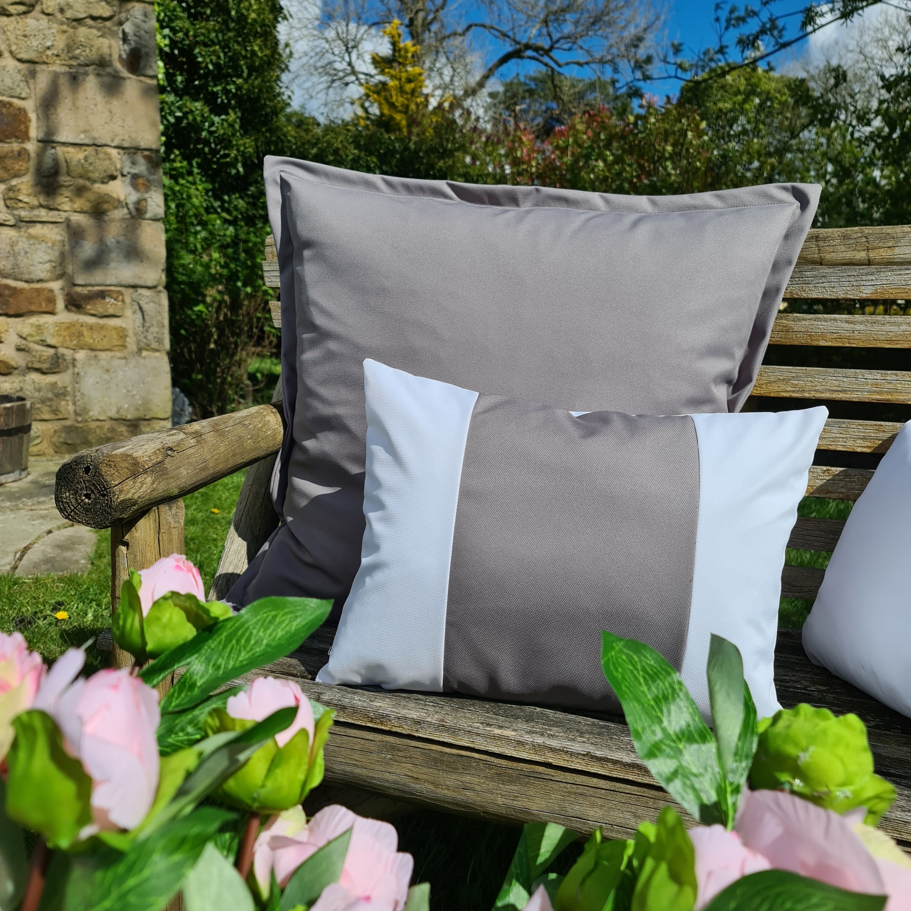 Grey & White Wide Stripe Oblong Water Resistant Cushion