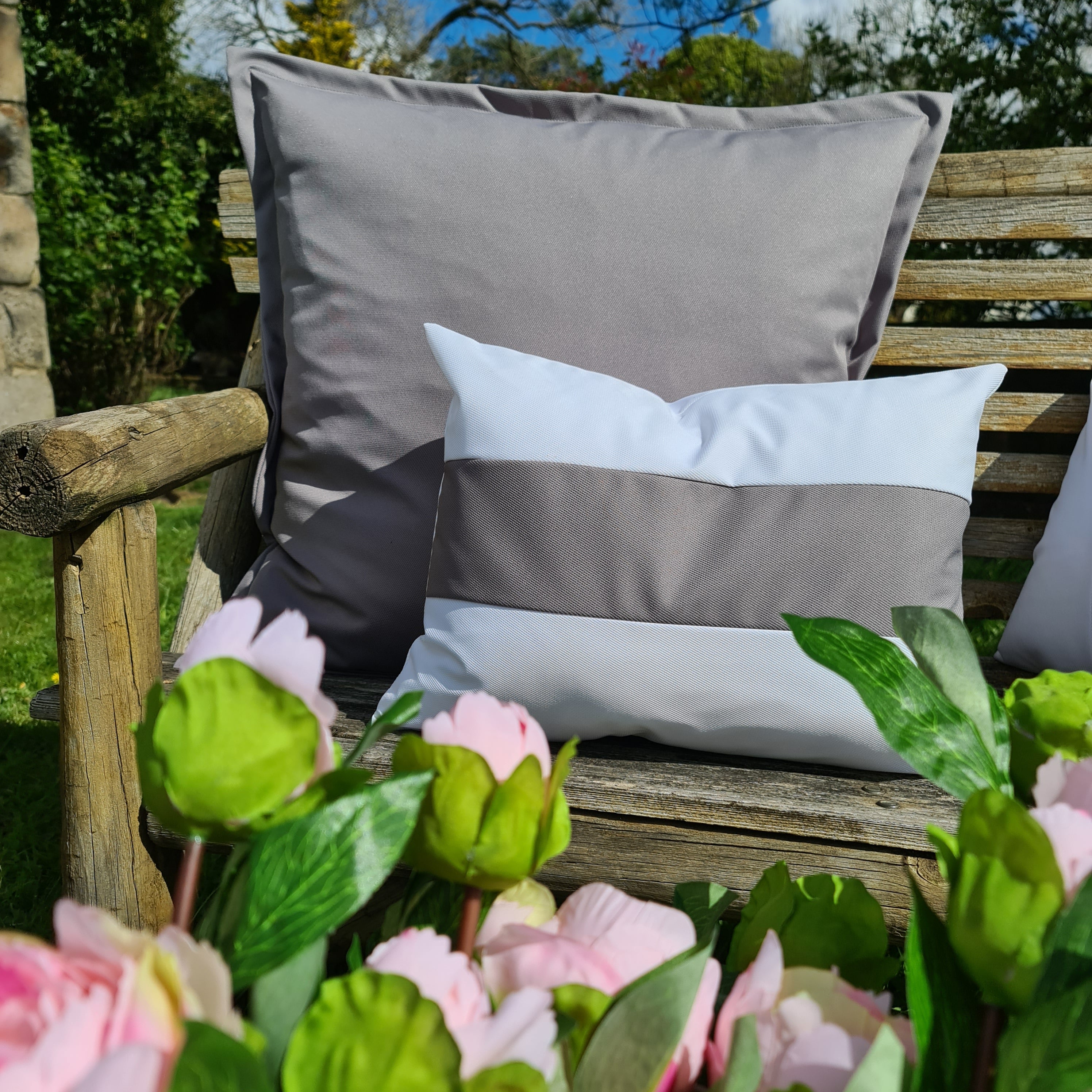Grey & White Horizontal Stripe Oblong Water Resistant Cushion