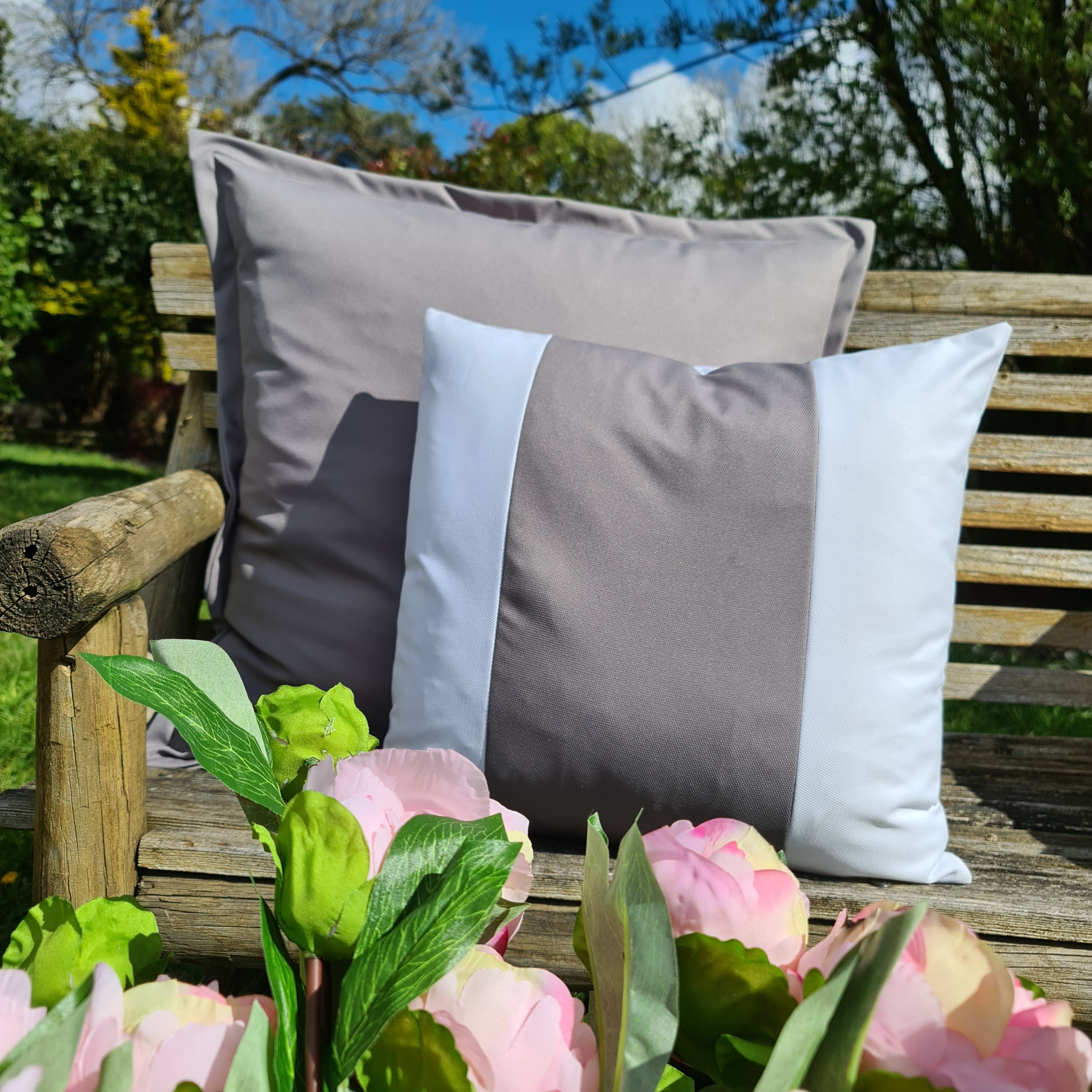 White & Grey Wide Stripe Square Water Resistant Cushion