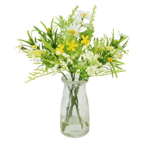 Faux White Daisy & Blossom in Milk Bottle