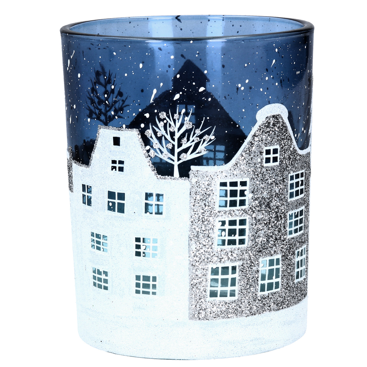 Christmas Blue & White Glass Street TeaLight Holder - Large
