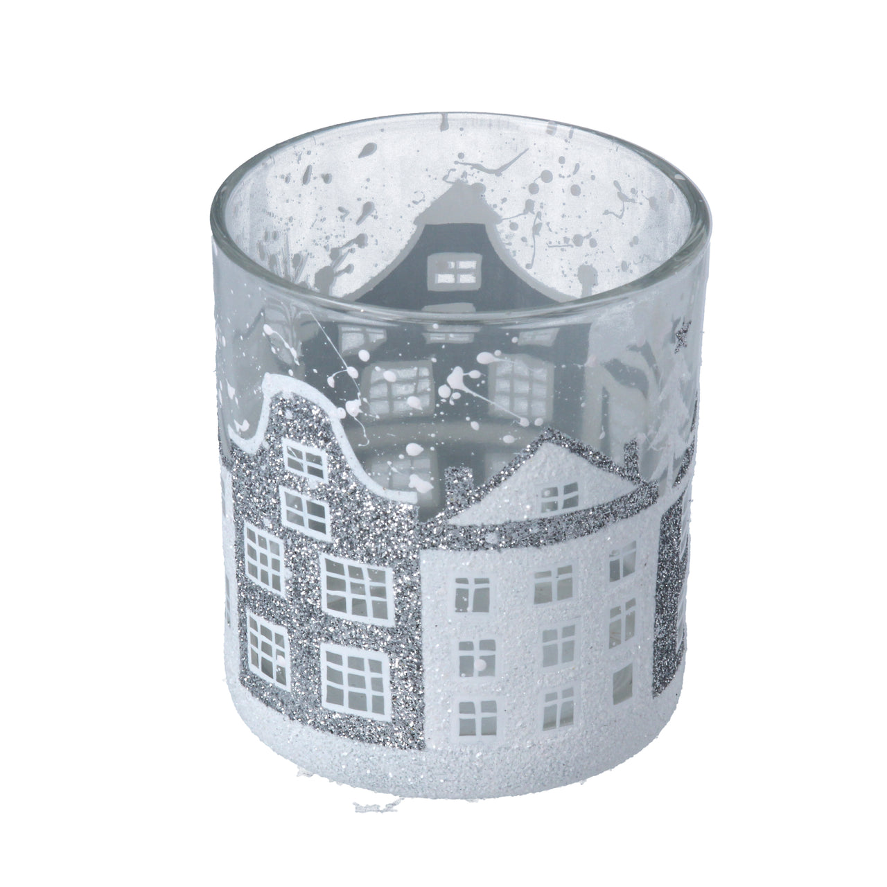 Clear Glass Nite Lite Pot with Silver & White Houses