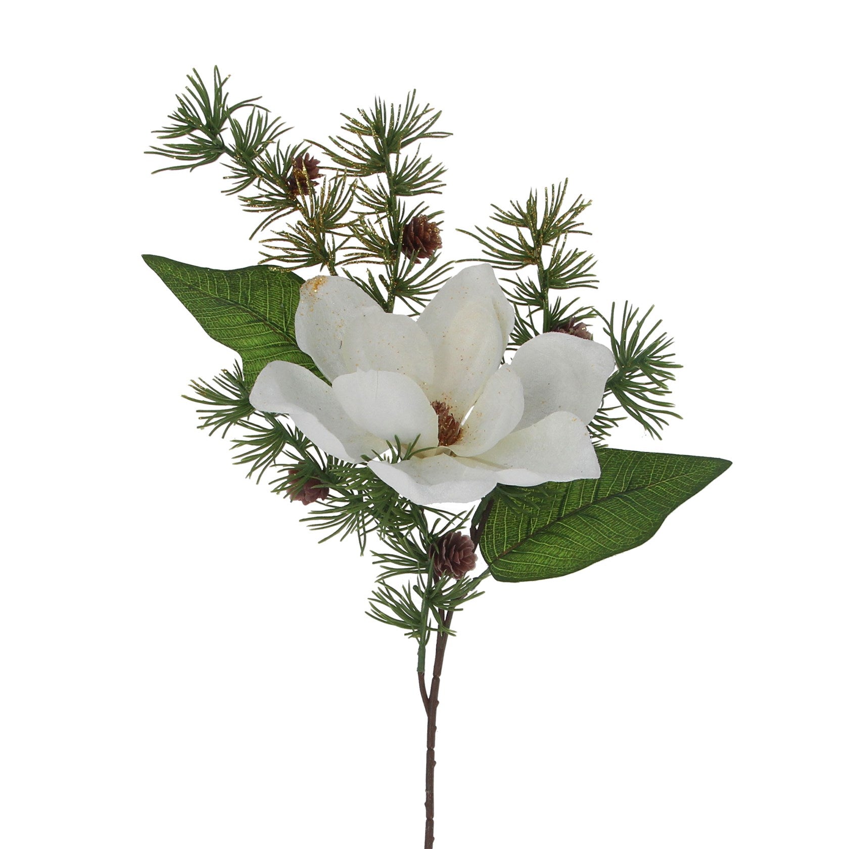 White Fabric Magnolia with Leaf/Fir Branch