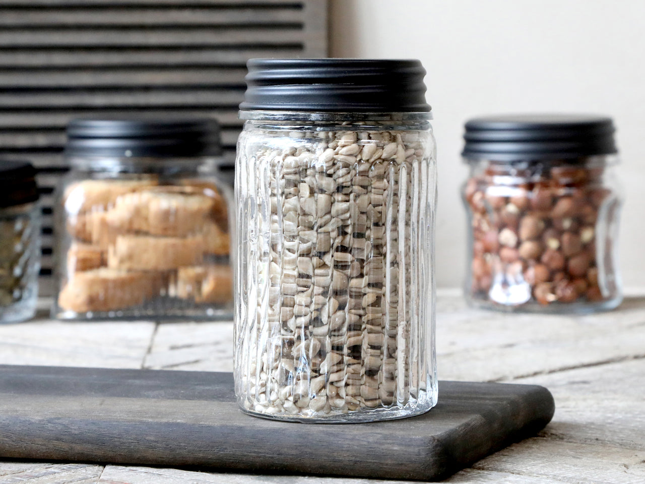 Storage Jar With Grooves & Black Lid