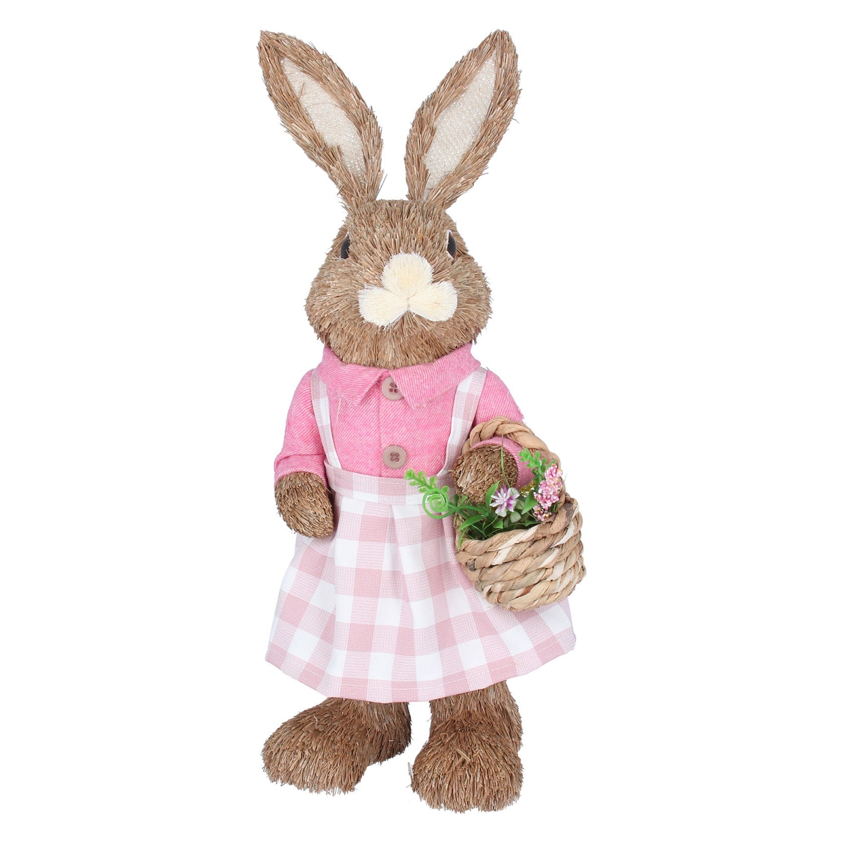 Pink Bristle Bunny with Gingham Dress & Basket - Large