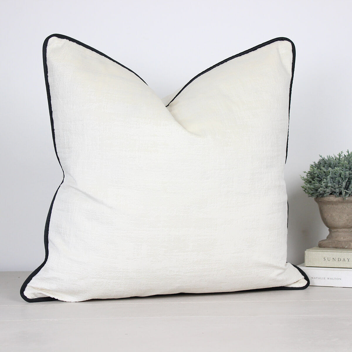 Azurite Ivory Cushion with Black Piping