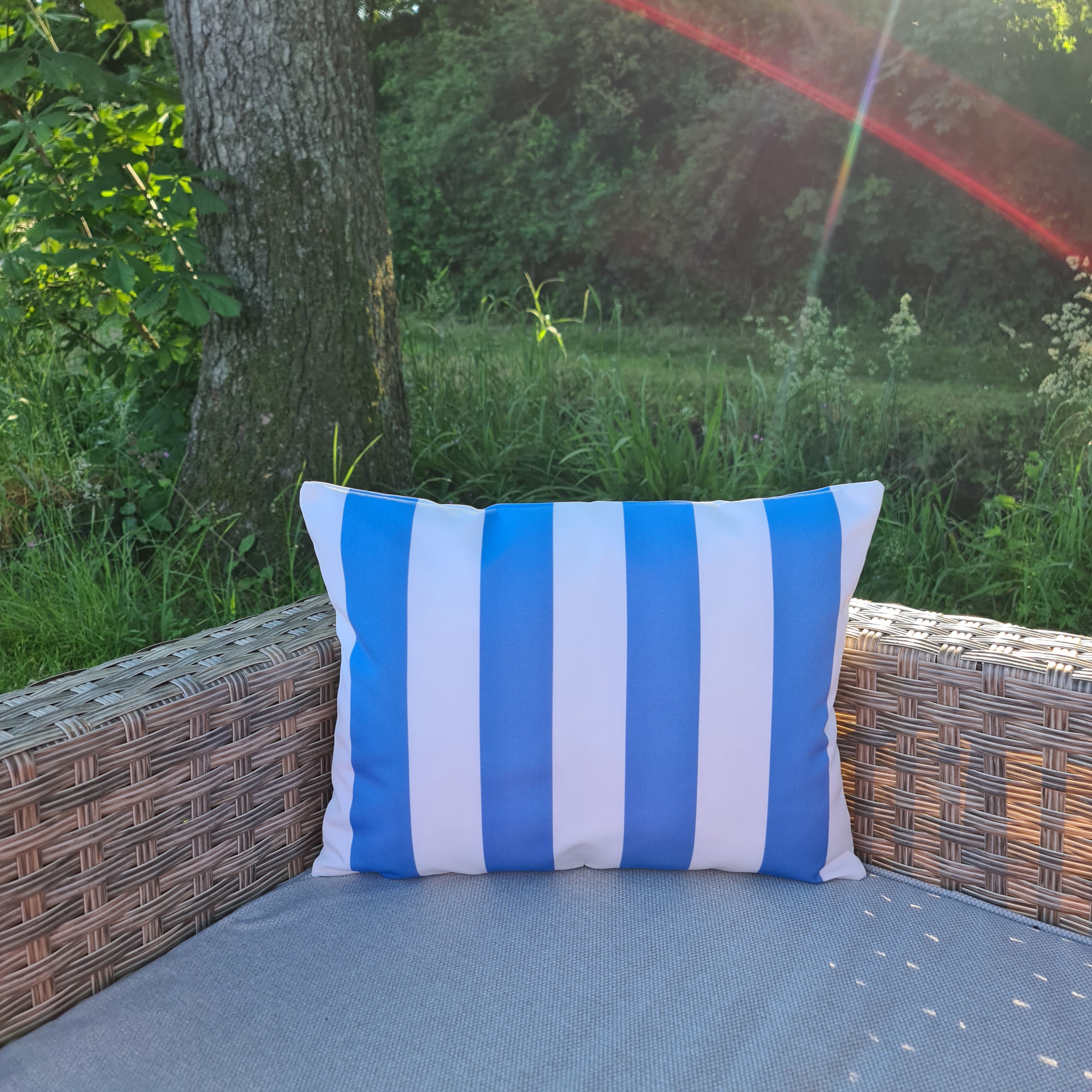 Bright Blue & White Stripe Rectangle Water Resistant Cushion