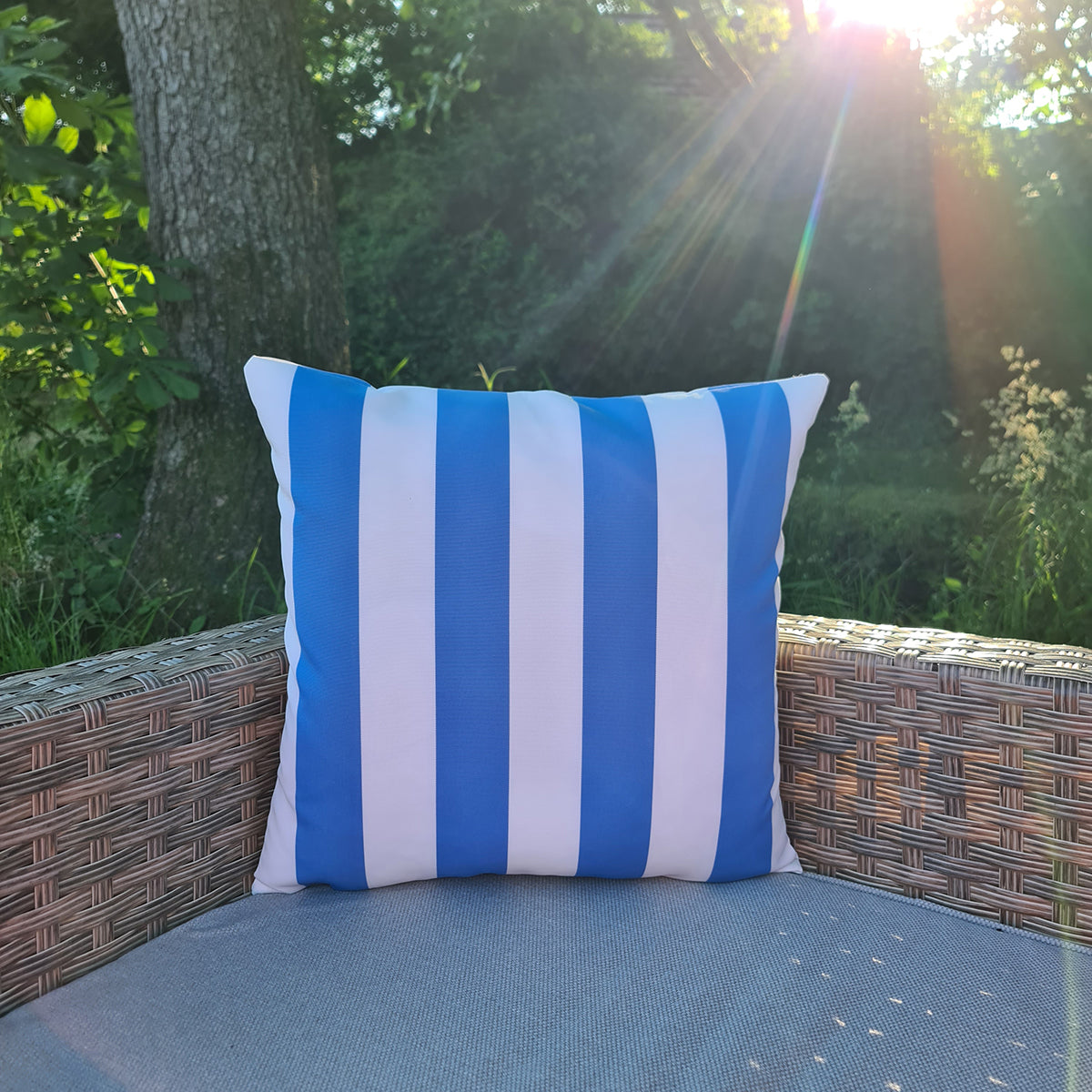 Bright Blue & White Stripe Square Water Resistant Cushion