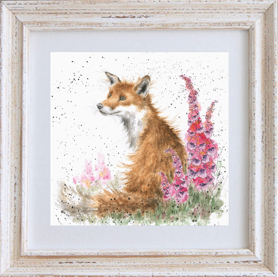 Wrendale Fox Picture Foxgloves White Framed Card