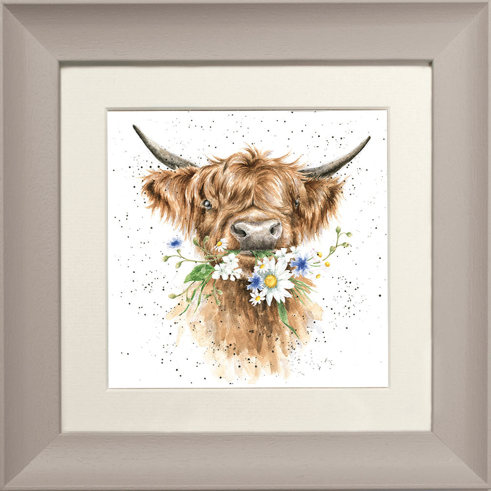 Wrendale Highland Cow Picture Daisy Coo Taupe Framed Card